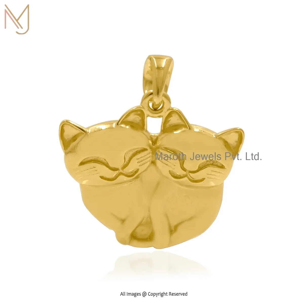 925 Silver Yellow Gold Plated Two Cats Charm Pendant Custom Jewelry