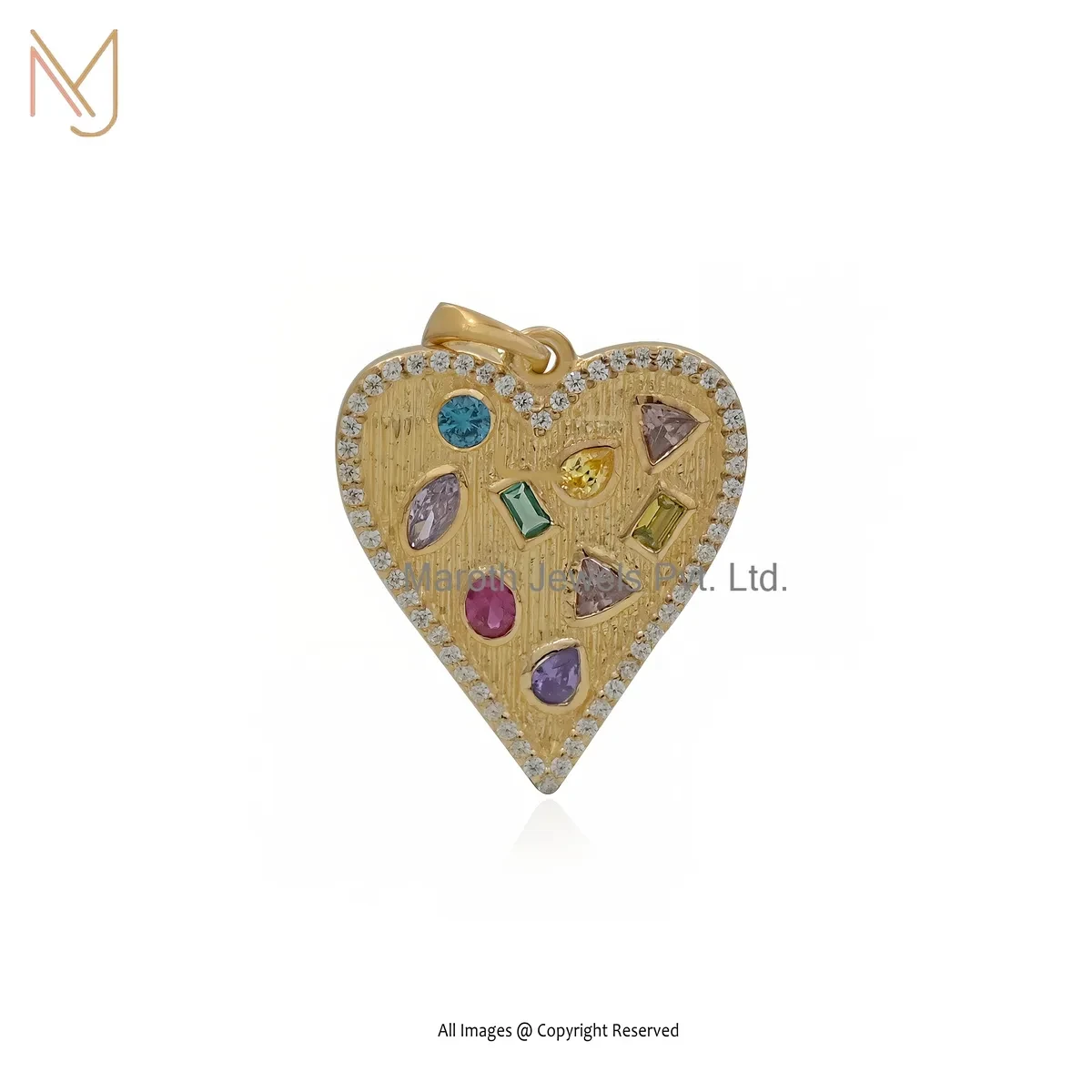 Private Lable 14K Yellow Gold Cubic Zircon Multi Gemstone Heart Pendant