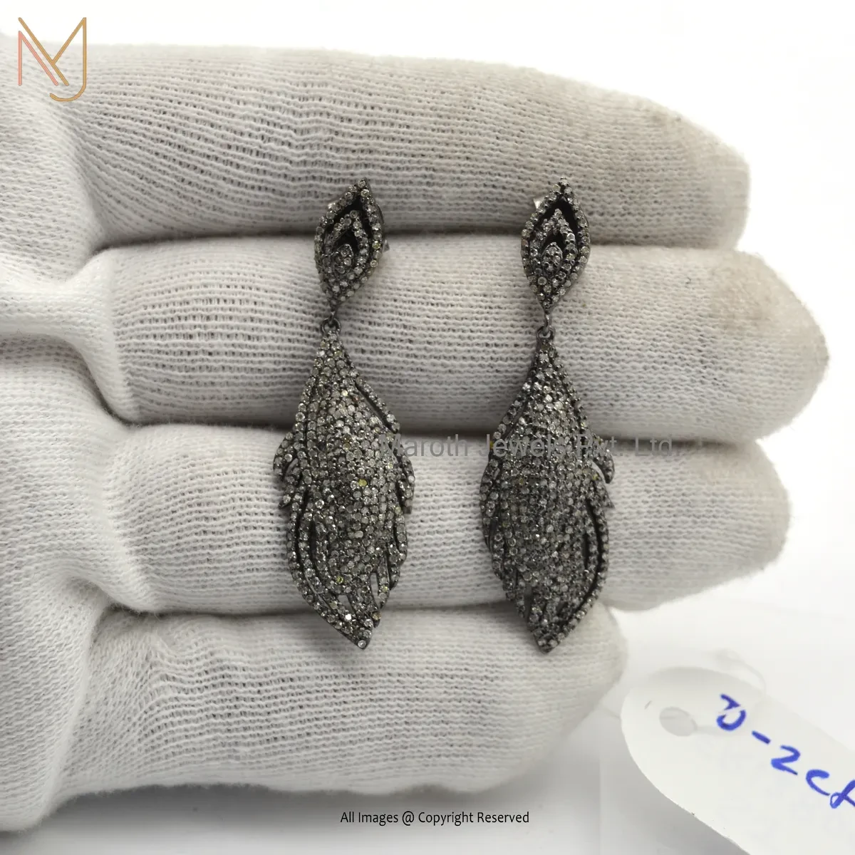 925 Silver Rhodium Plated Pave Damond Leaf Feather Genuine Earring Jewelry Supplier
