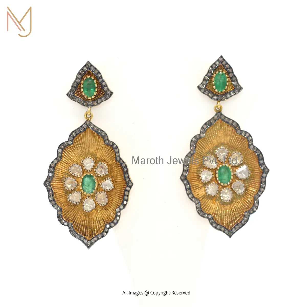 925 Silver Yellow Gold Rhodium Plated Pave Diamond , Emerald , Rose Cut Polki Diamond Drop Dangle Earring USA