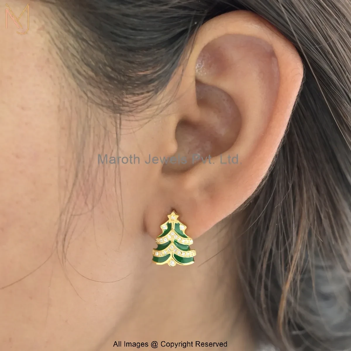 Private Lable 925 Silver Yellow Gold Plated Cubic Zircon Green Enamel Christmas Tree Stud Earrings