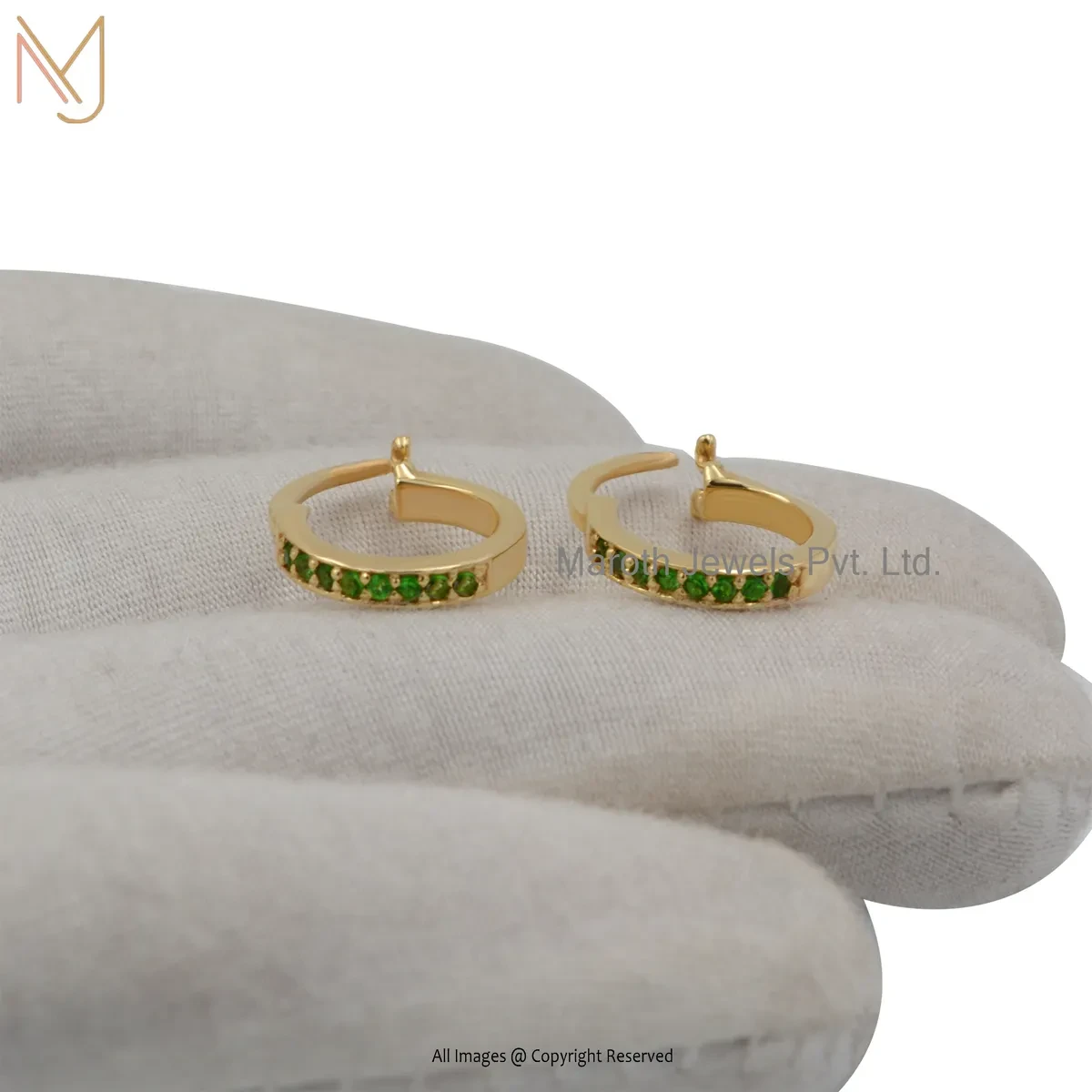 14K Yellow Gold Pave Tsavorite Gemstone Huggies Hoop Earring Custom Jewelry