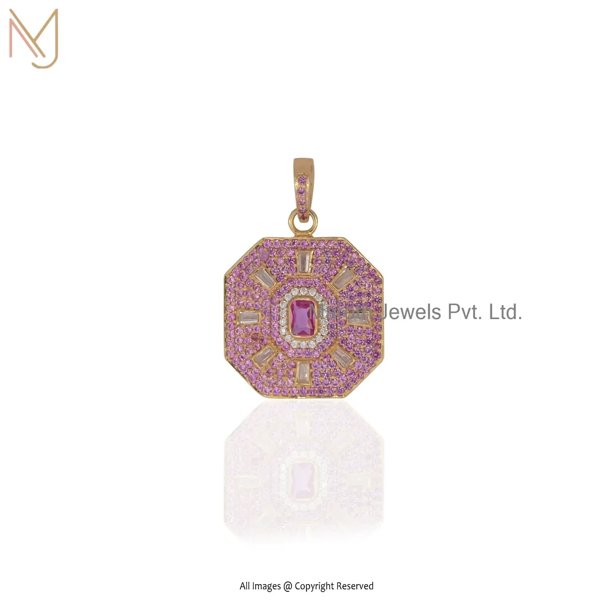 Private Lable 14K Yellow Gold Pink Sapphire & Cubic Zircon Baguette Pendant