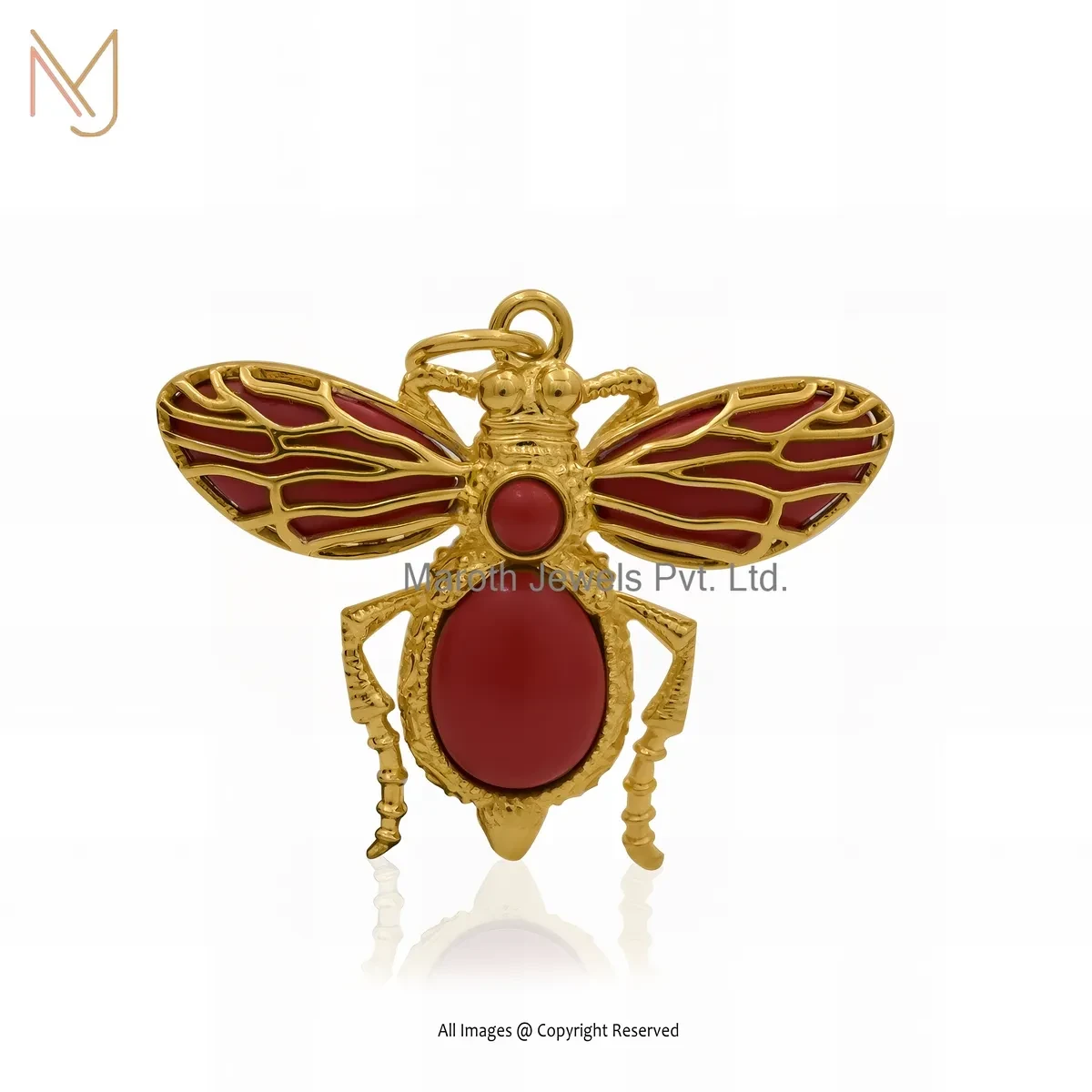 Wholesale 14K Yellow Gold Red Coral Gemstone Honey Bee Pendant Jewelry