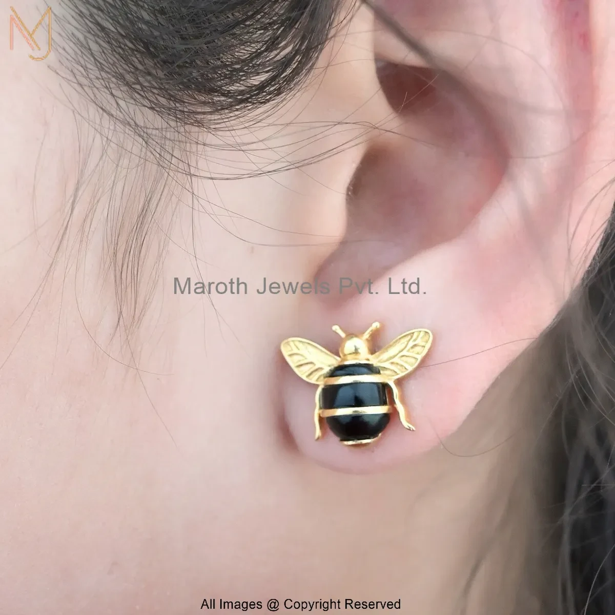 14K Yellow Gold Gemstone Honey Bee Stud Earring Custom Jewelry