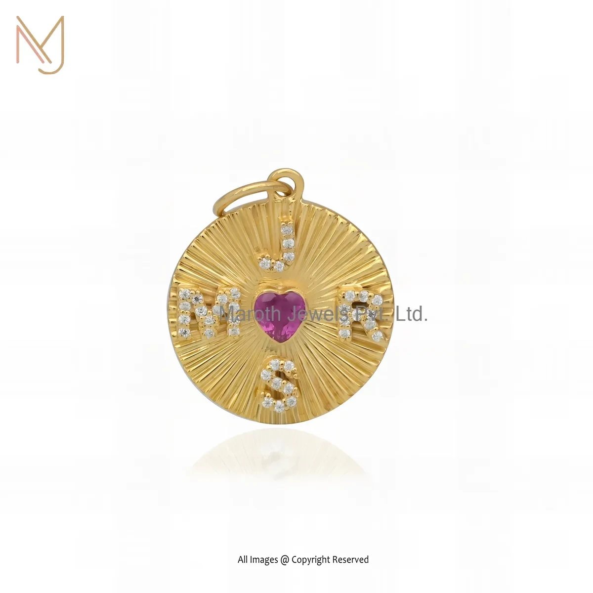 Private Lable 14K Yellow Gold Pink Sapphire & Turquoise Gemstone Fluted Letter Pendant