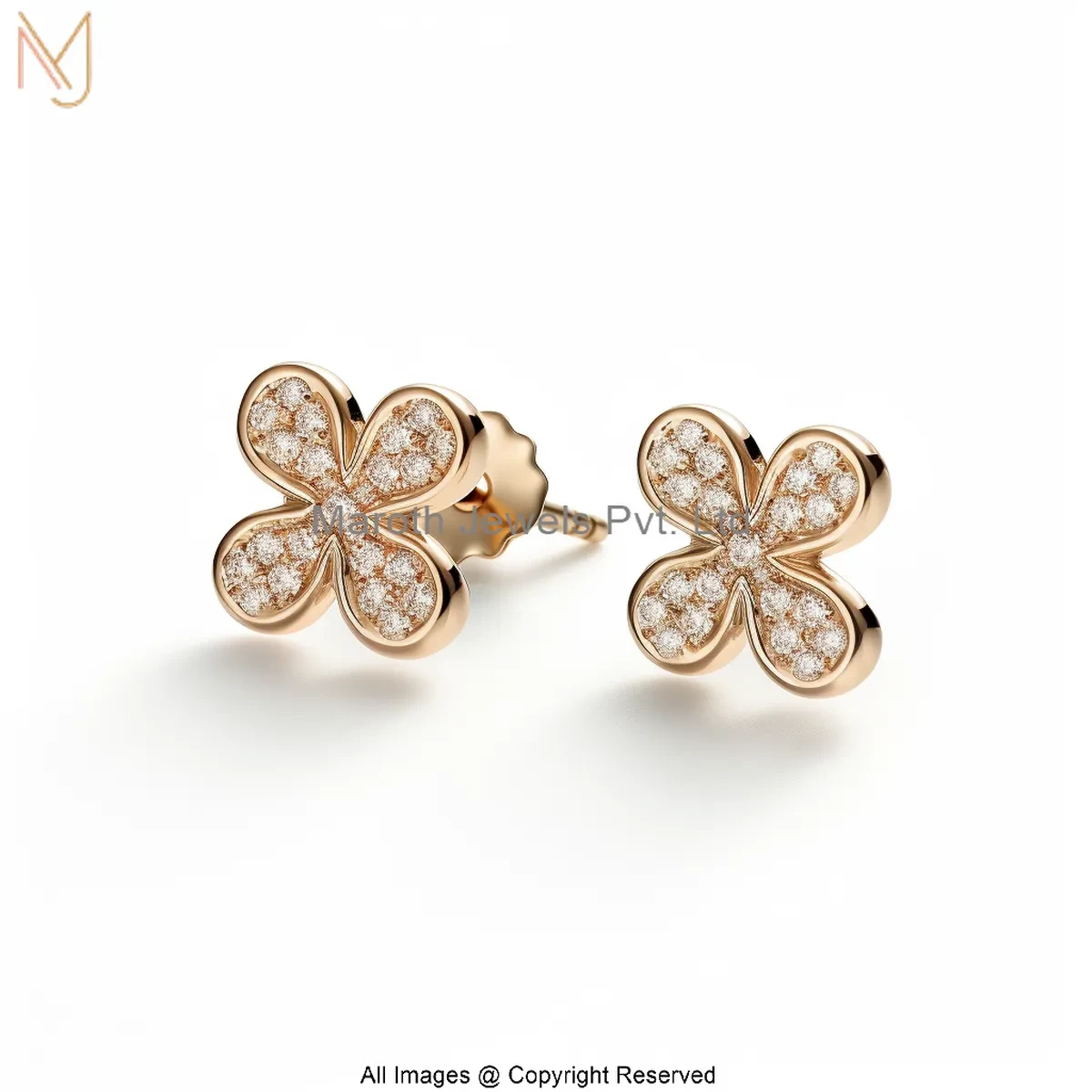 14K Yellow Gold Diamond Moissanite Four Leaf Clover Stud Earring Manufacturer