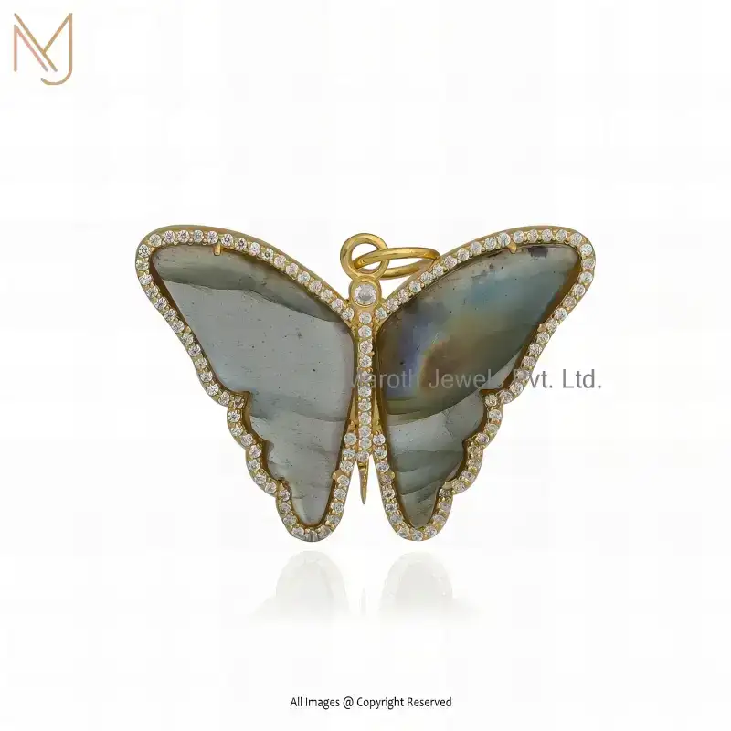 925 Silver Yellow Gold Plated Labradorite And Moissanite Gemstone Butterfly Pendant USA
