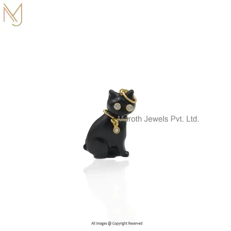 Wholesale 925 Silver Yellow Gold Plated Black Onyx & Cubic Zircon Gemstone Carved Cat Pendant