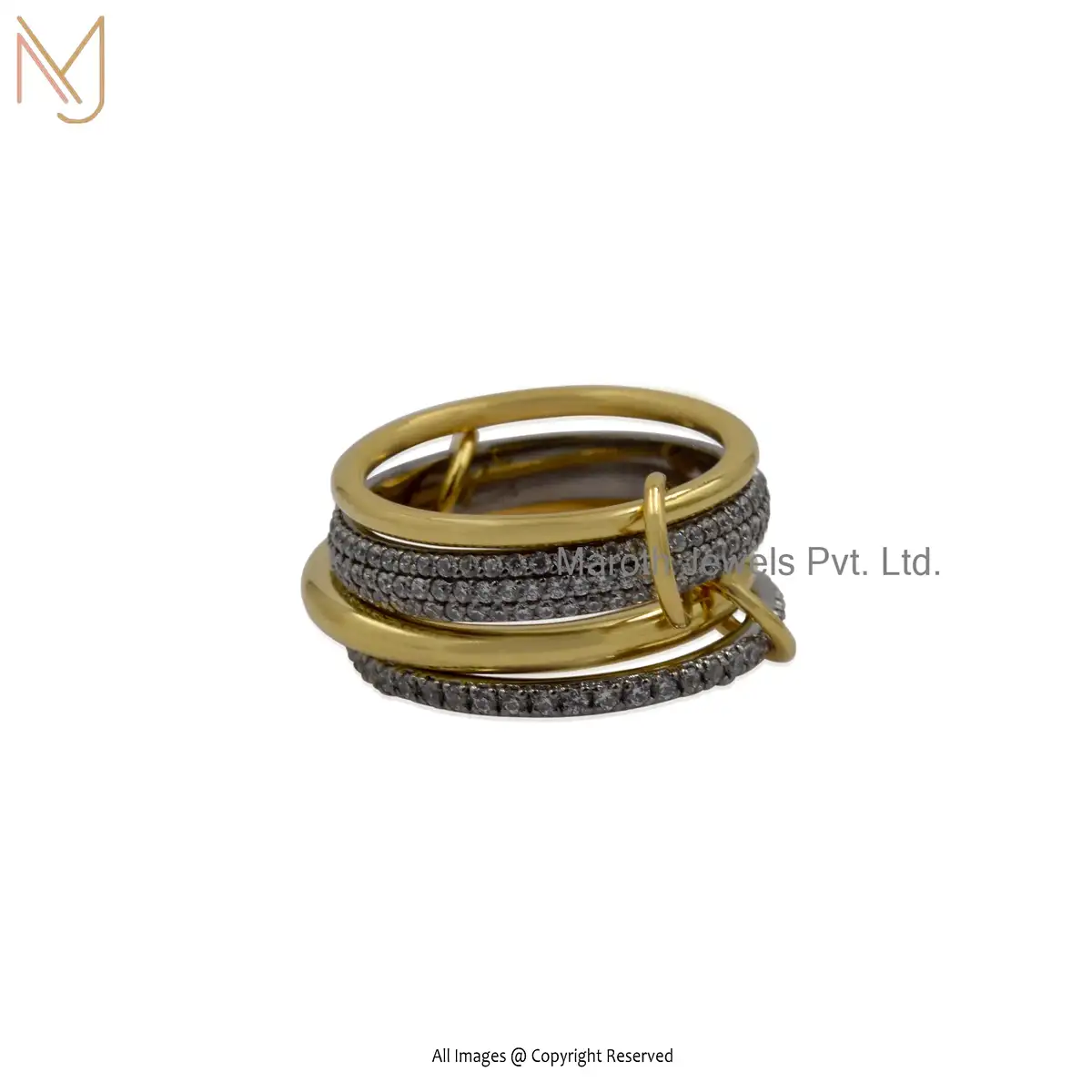 925 Silver Rhodium & Yellow Gold Plated Cz Connector Band Ring Manufacturer