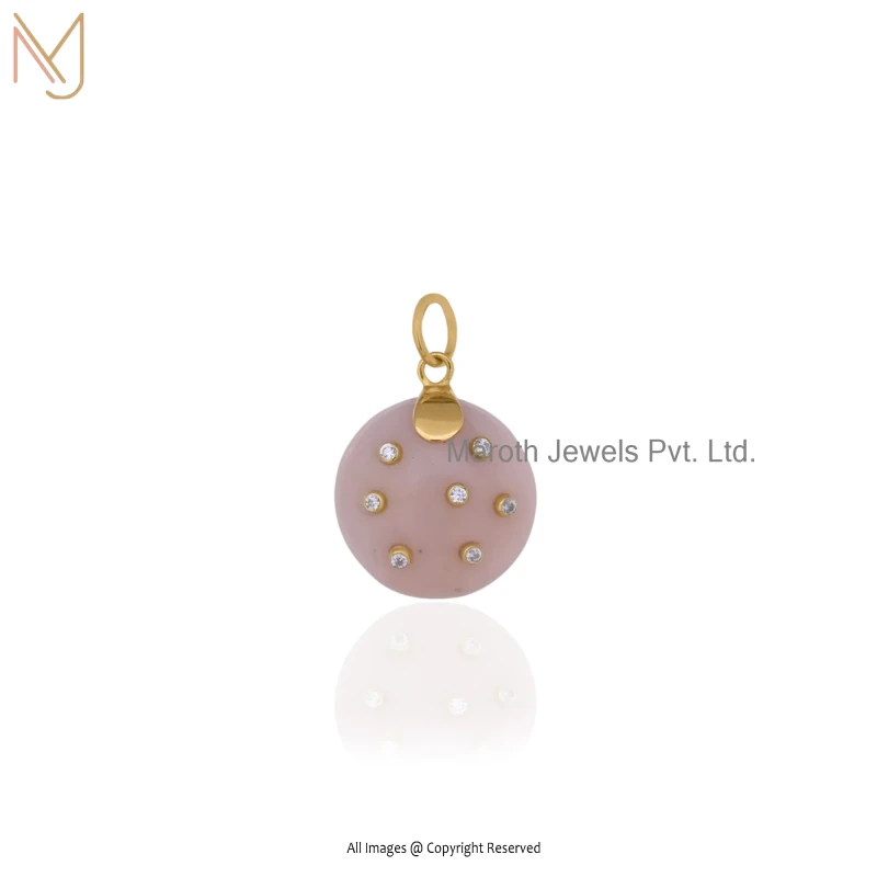 925 Silver Yellow Gold Plated Pink Opal And Pink Cubic Zircon Round Pendant Manufacturer