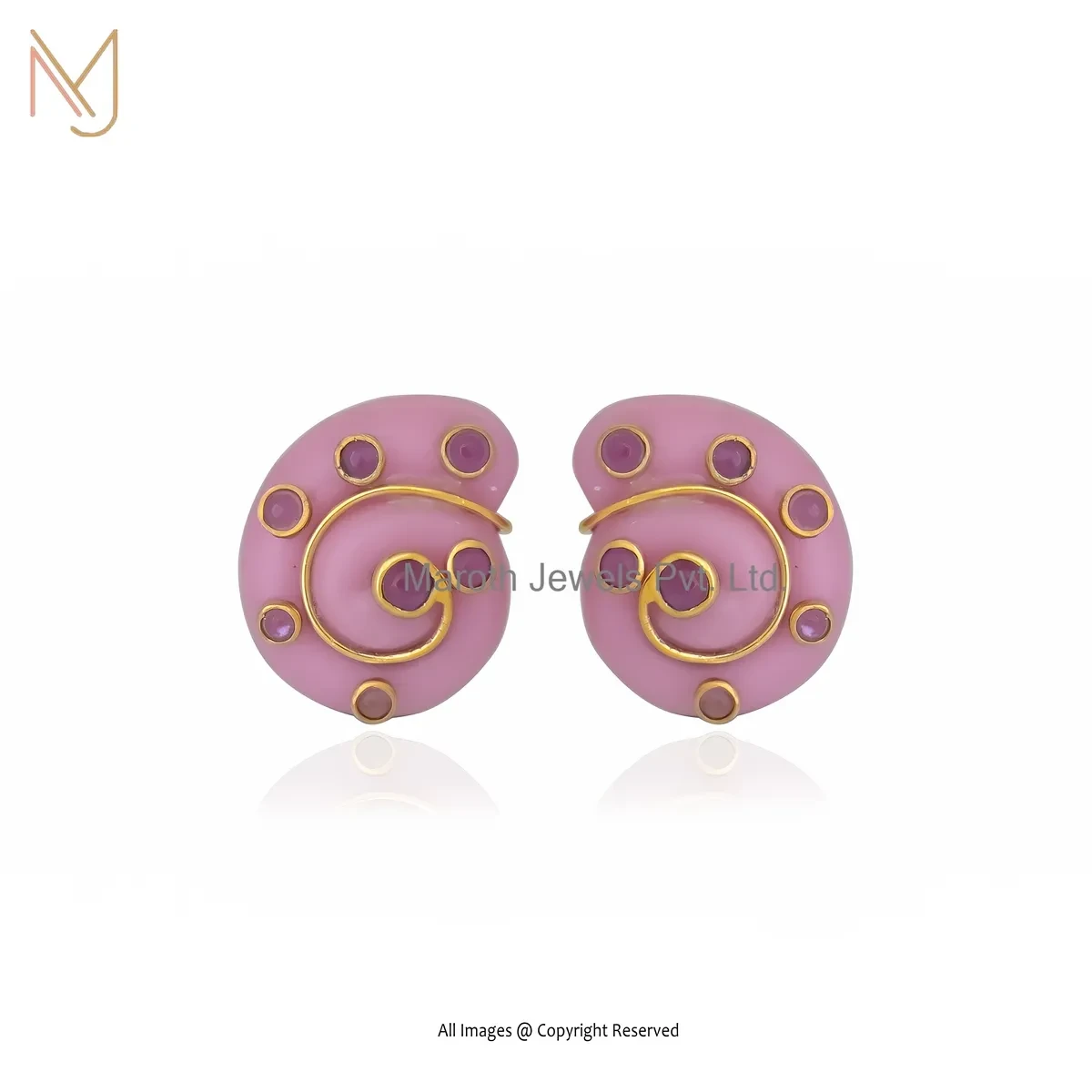 Private Lable 925 Silver Yellow Gold Plated Pink Opal And Amethyst Snail Stud Earring
