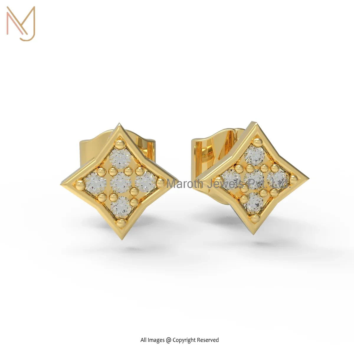 925 Silver Yellow Gold Plated Diamond Square Stud Earring Jewelry Supplier