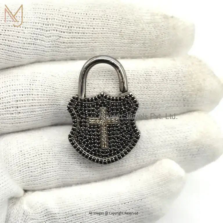 925 Silver Rhodium Plated Pave Diamond & Black Diamond Padlock Pendant Jewelry Supplier