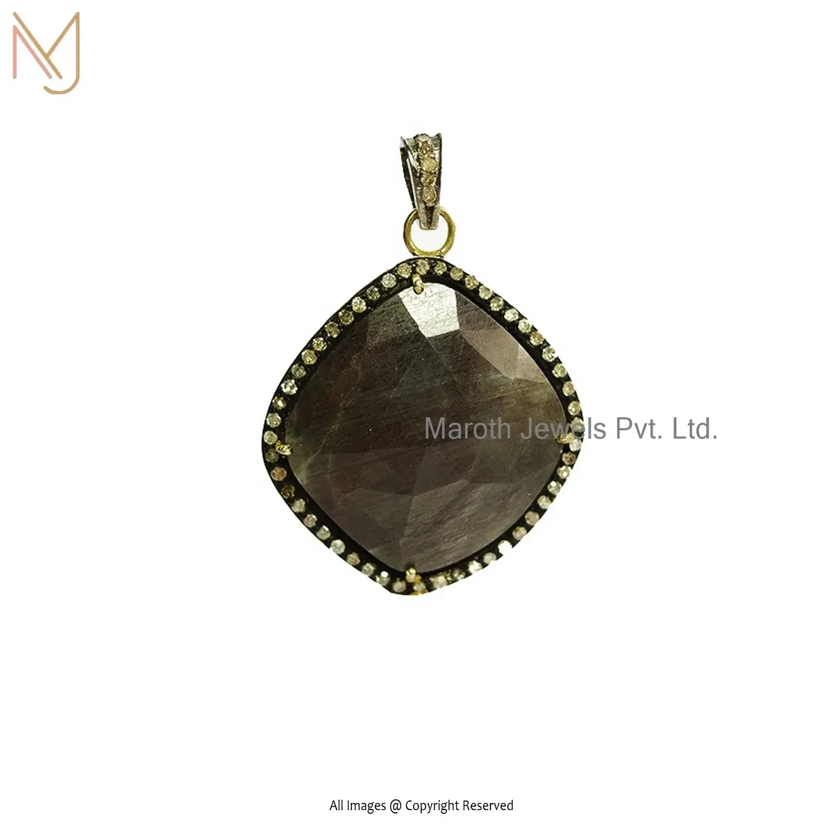 Private Lable 925 Silver Rhodium Yellow Gold Plated Diamond Smoky Quartz Pendant