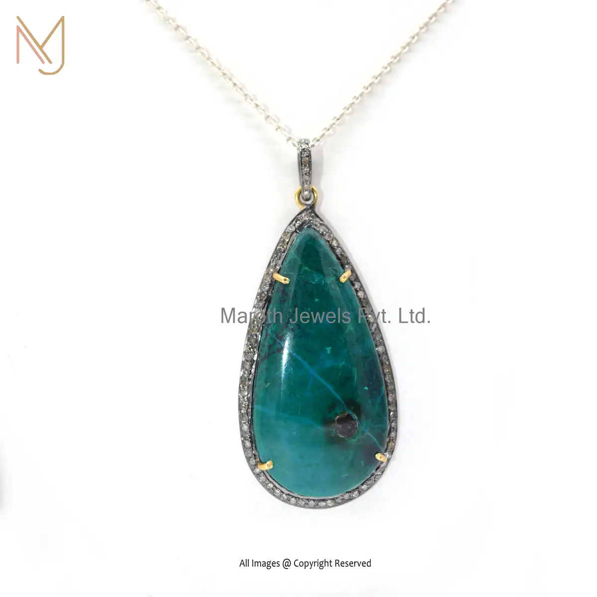 Wholesale 925 Silver Rhodium Plated Pave Diamond Chrysocolla Gemstone Pendant Jewelry