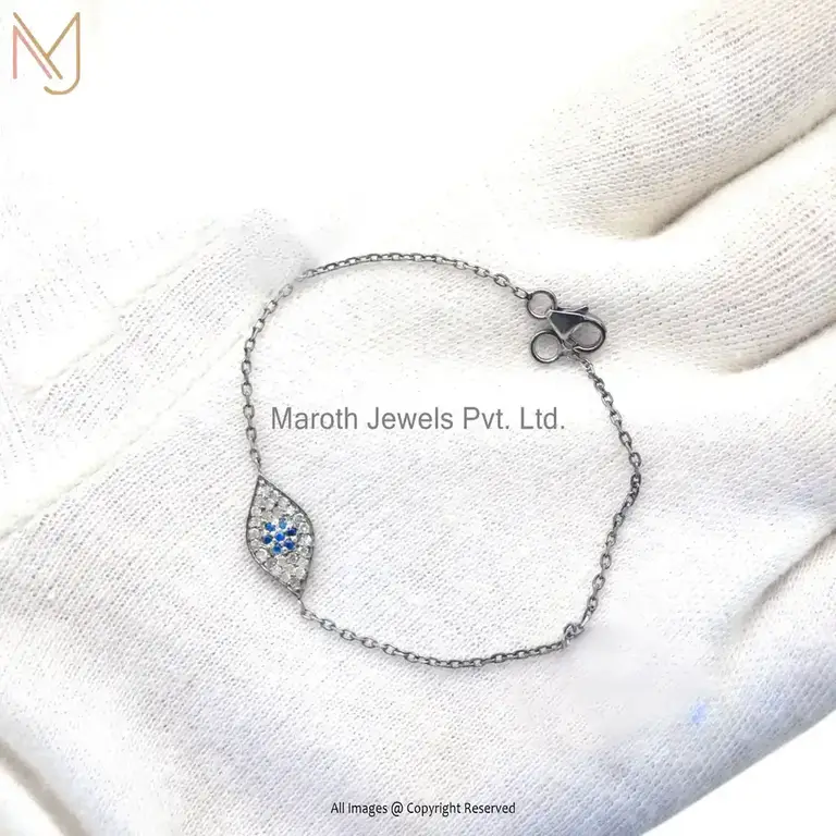 925 Silver Yellow Gold Plated Evil Eye Blue & White Cubic Zircon Chain Bracelet USA