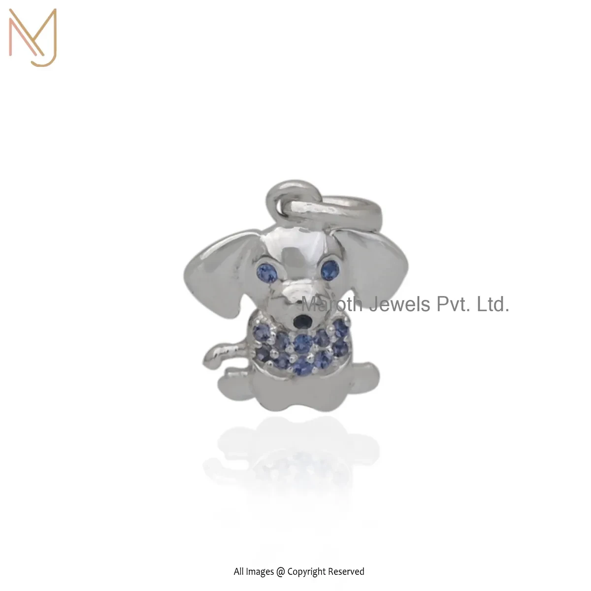 Wholesale 14K White Gold Blue Sapphire And Black Spinel Puppy Dog Pendant