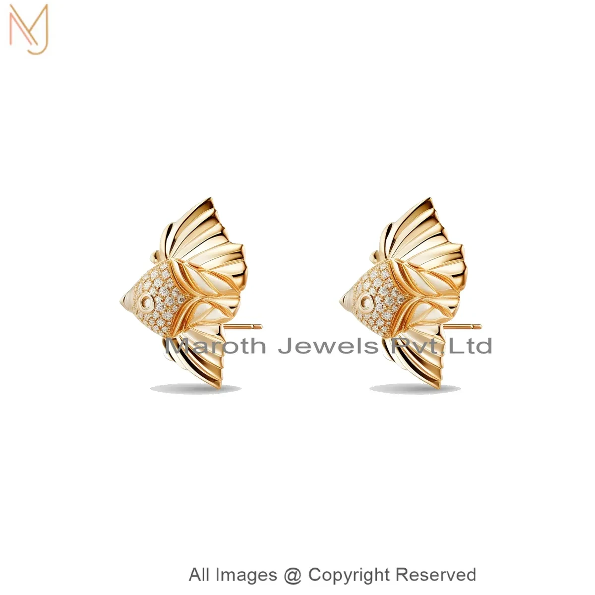 14K Yellow Gold Moissanite Diamond Gold Fish Stud Earrings Custom Jewelry