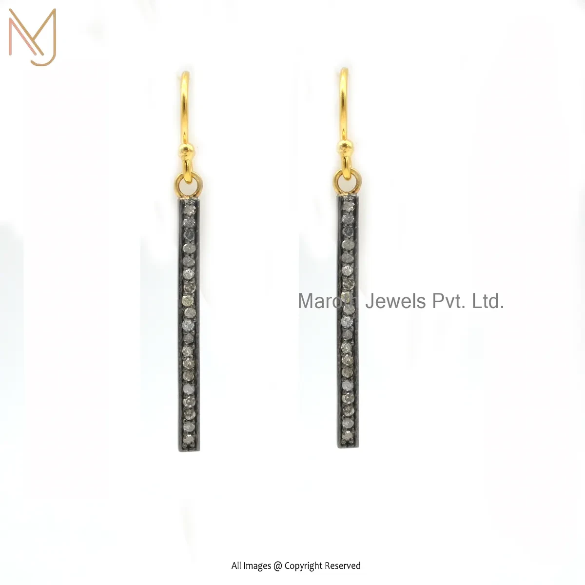 14K Yellow Gold Pave Diamond Line Bar Design Drop Earring Manufacturer