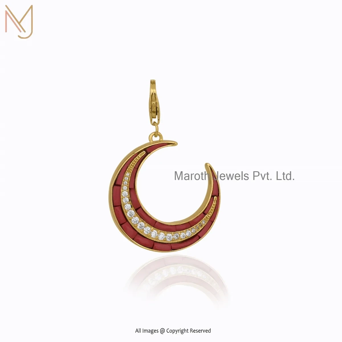 925 Silver Yellow Gold Plated Cubic Zircon & Coral Half Crescent Moon Pendant Manufacturer