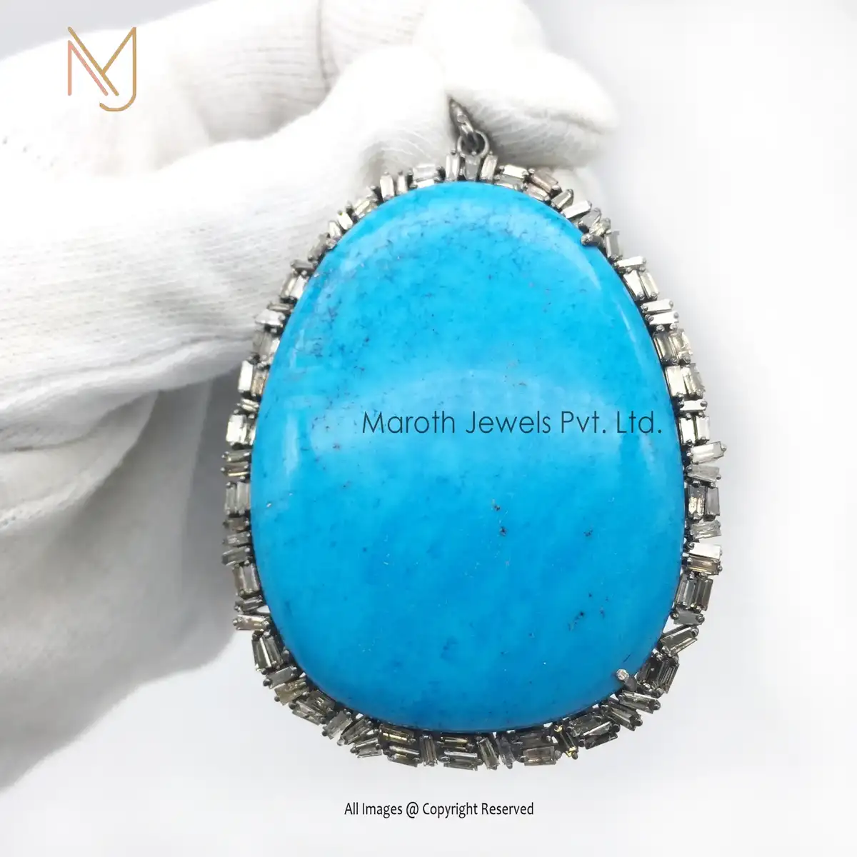 925 Sterling Silver Pave Diamond Baguettes &Turquoise Pendant Jewelry USA