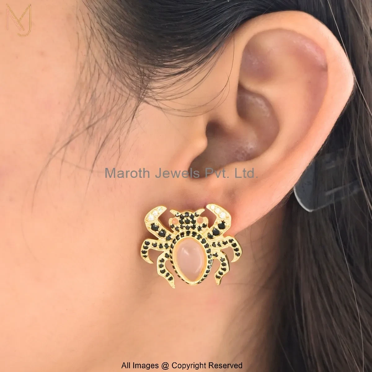 925 Silver Yellow Gold Plated Diamond Black Cubic Zircon Pink Onyx Karkat Motif Gemstone Stud Earrings USA