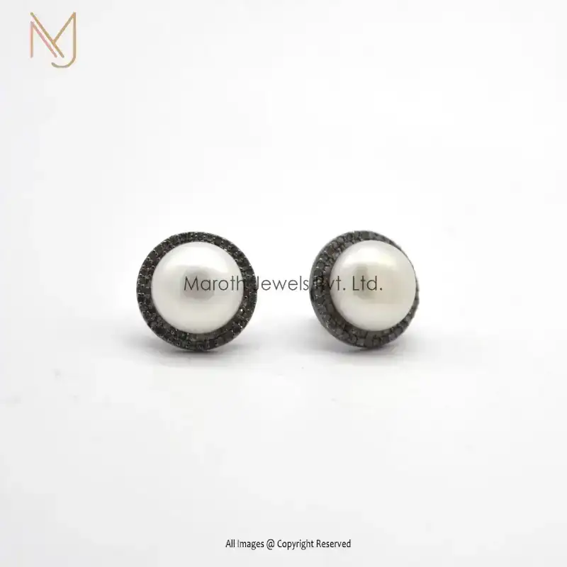 Wholesale 925 Silver Rhodium Plated Pave Diamond Pearl Studs Round Earrings