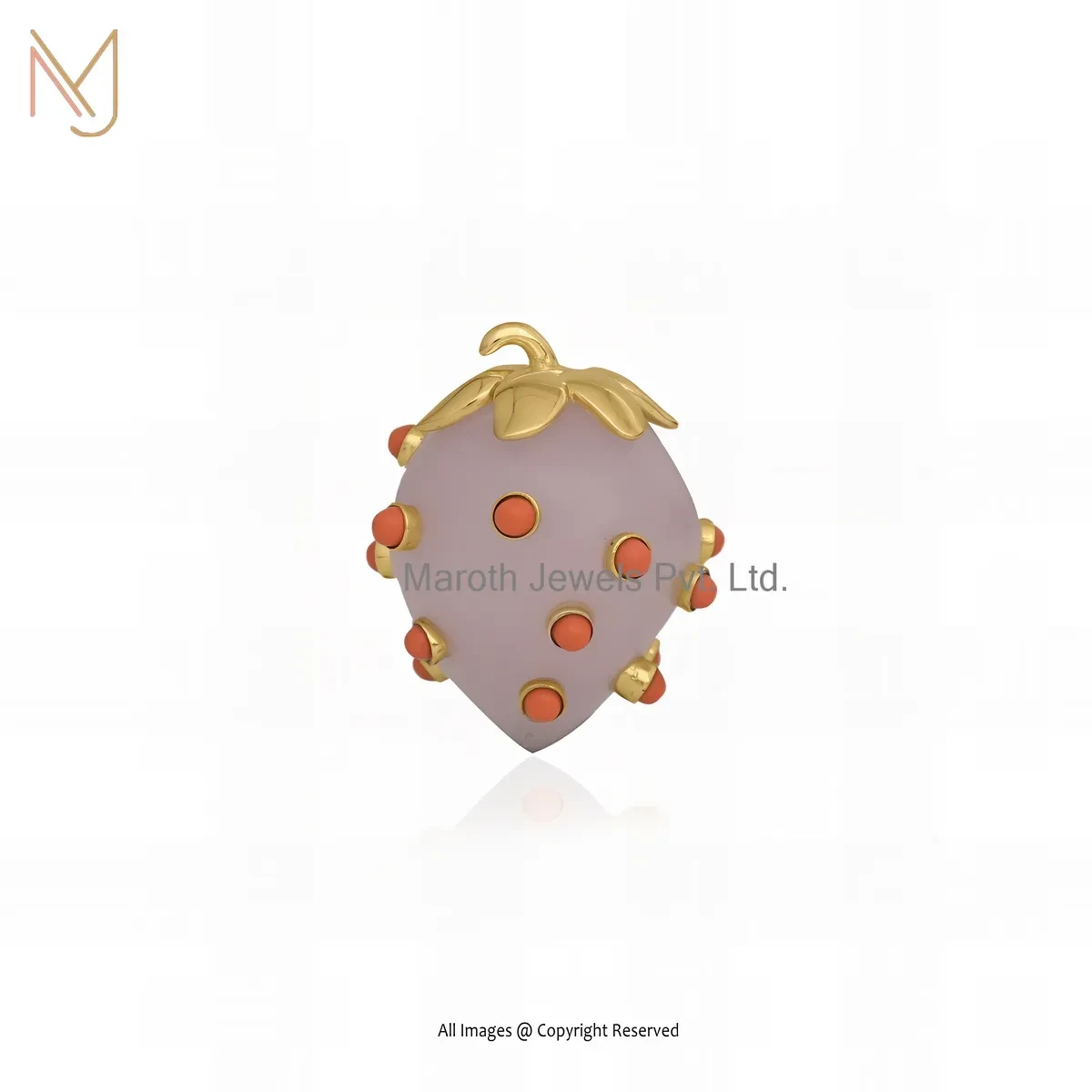 Private Lable 14K Yellow Gold Rose Quartz And Orange Coral Strawberry Pendant