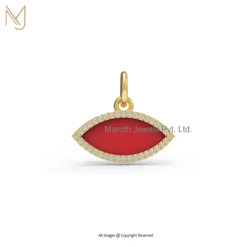 925 Sterling Silver Yellow Gold Plated Diamond Red Enamel Evil Eye Pendant Jewelry Supplier