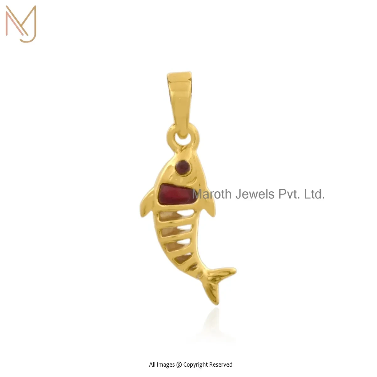 925 Silver Yellow Gold Plated Garnet Fish Bone Pendant Jewelry Supplier