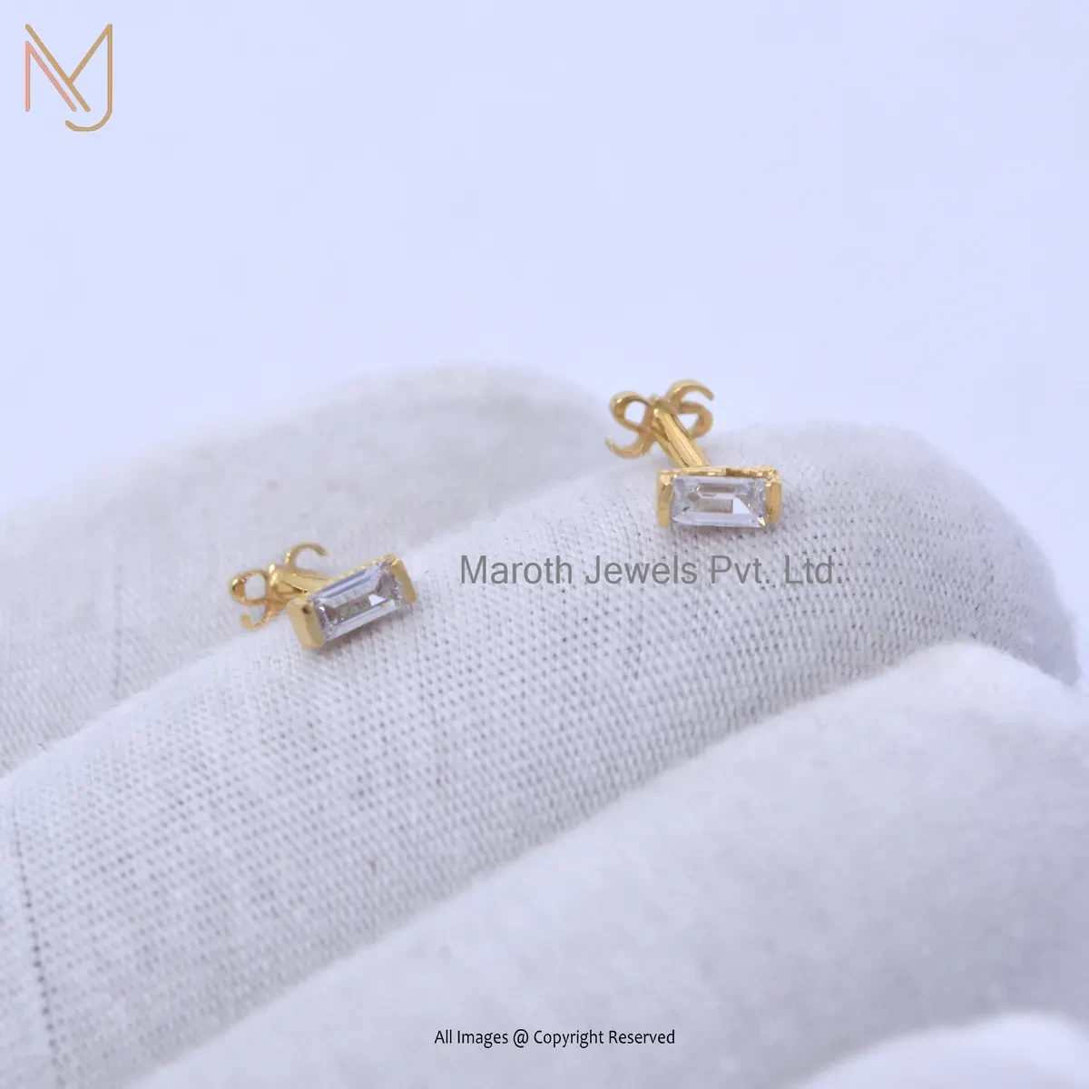 925 Silver Yellow Gold Plated White Topaz Baguette Stud Earring Jewelry Supplier