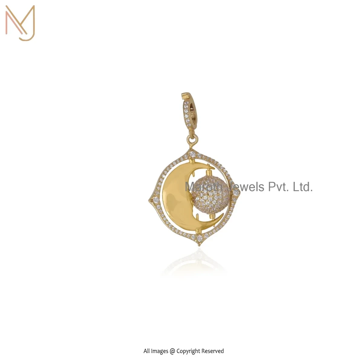 925 Silver Yellow Gold Plated Cubic Zircon Half Moon Ball Pendant Jewelry Supplier