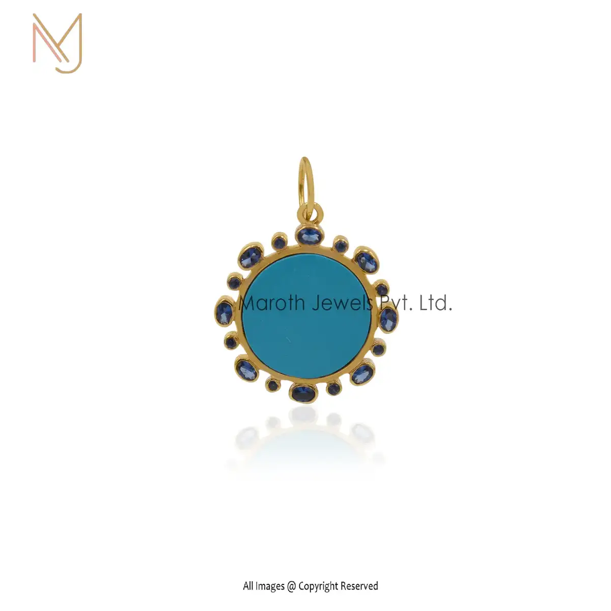 14K Yellow Gold Chalcedony & Blue CZ Gemstone Disc Pendant Custom Jewelry