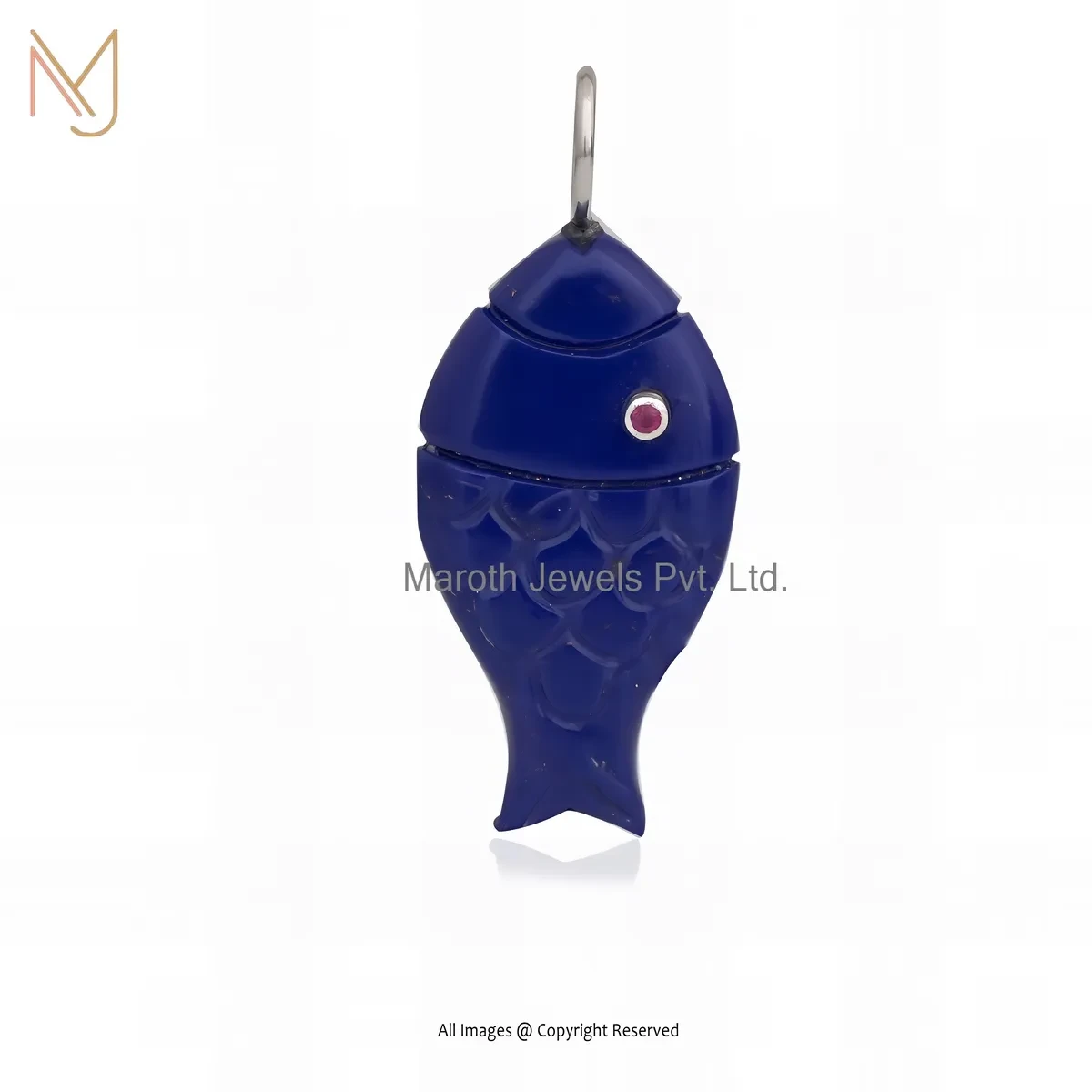 Wholesale 925 Silver Yellow Gold Plated Ruby Cubic Zircon & Blue Chalcedony Fish Pendant