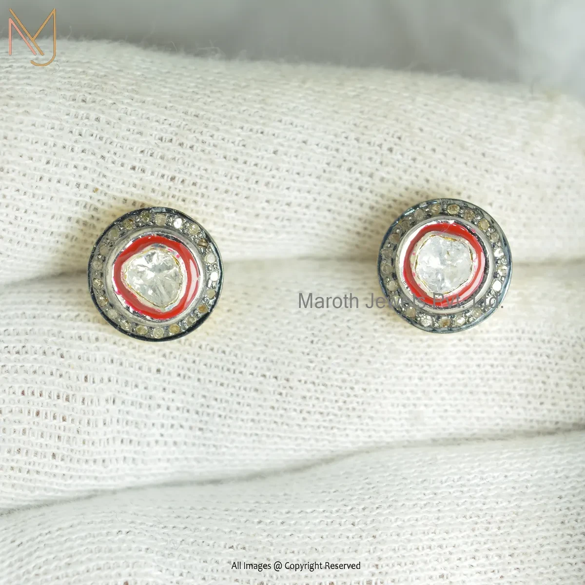 925 Silver Rhodium Yellow Gold Plated Pave Diamond And Red Enamel Rose Cut Diamond Stud Earring Jewelry Supplier