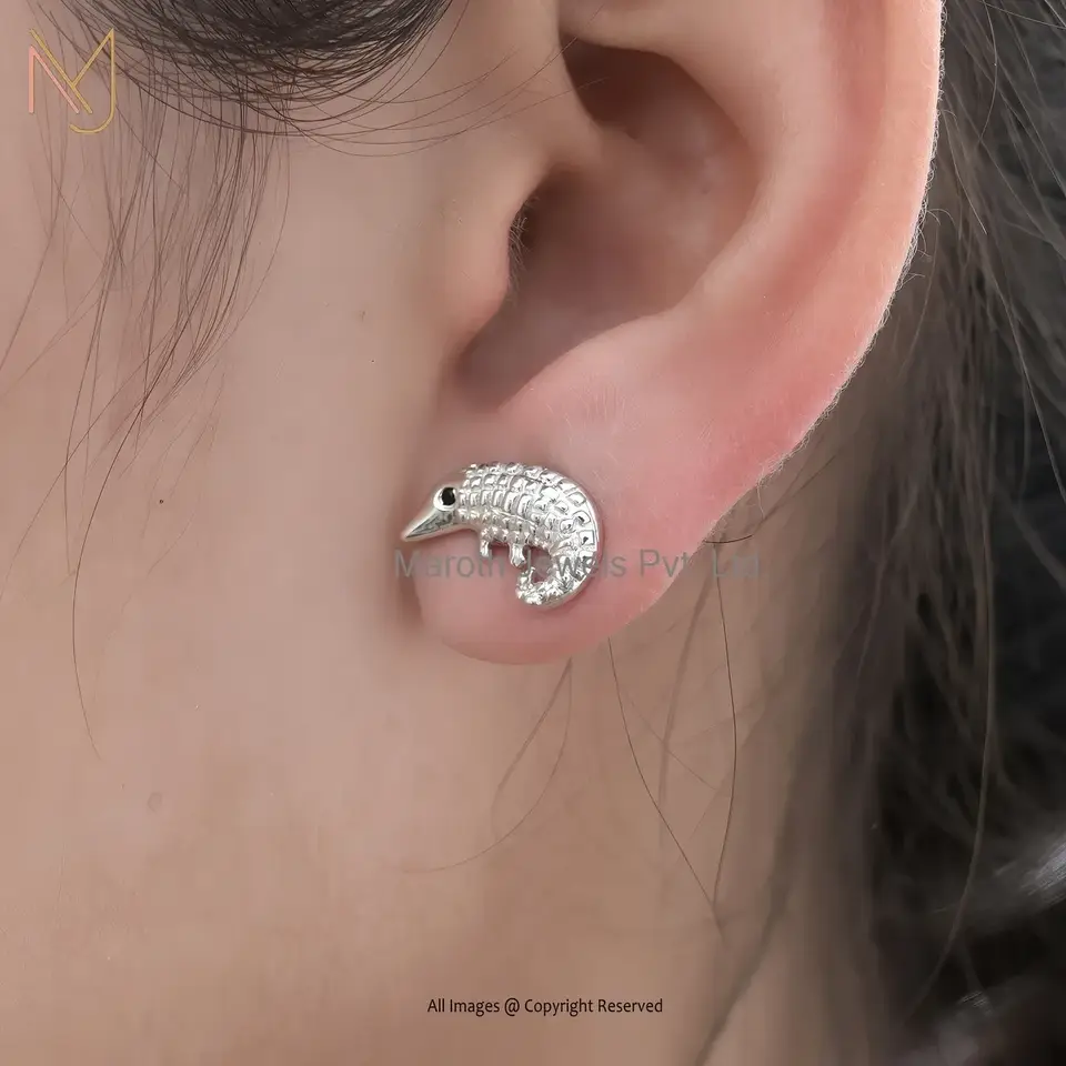 925 Sterling Silver Black Spinel Pangolin 3D Studs Jewelry Supplier