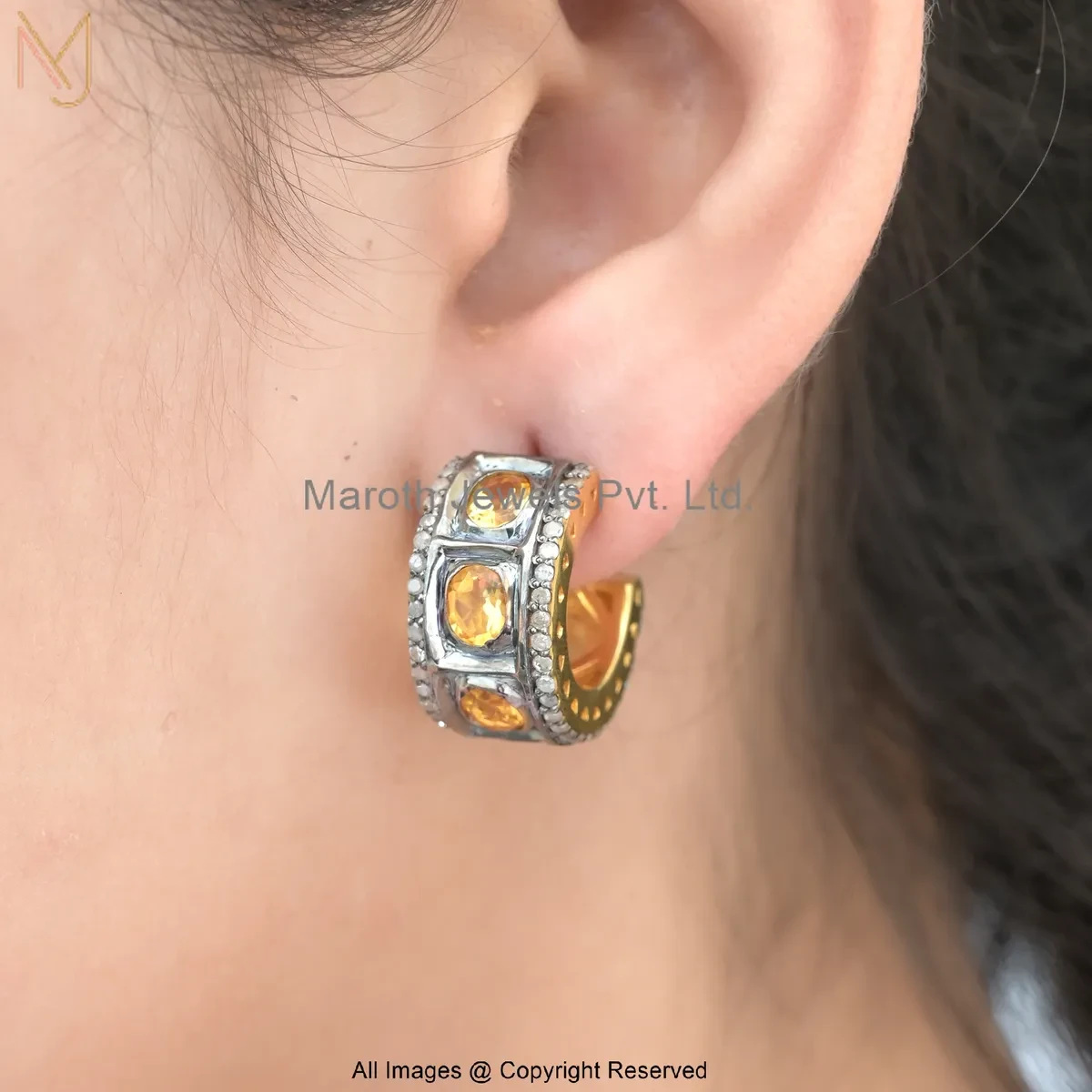 Wholesale 925 Silver Rhodium Yellow Gold Plated Diamond Gemstone Riwaayat Heritage Hoops Earring