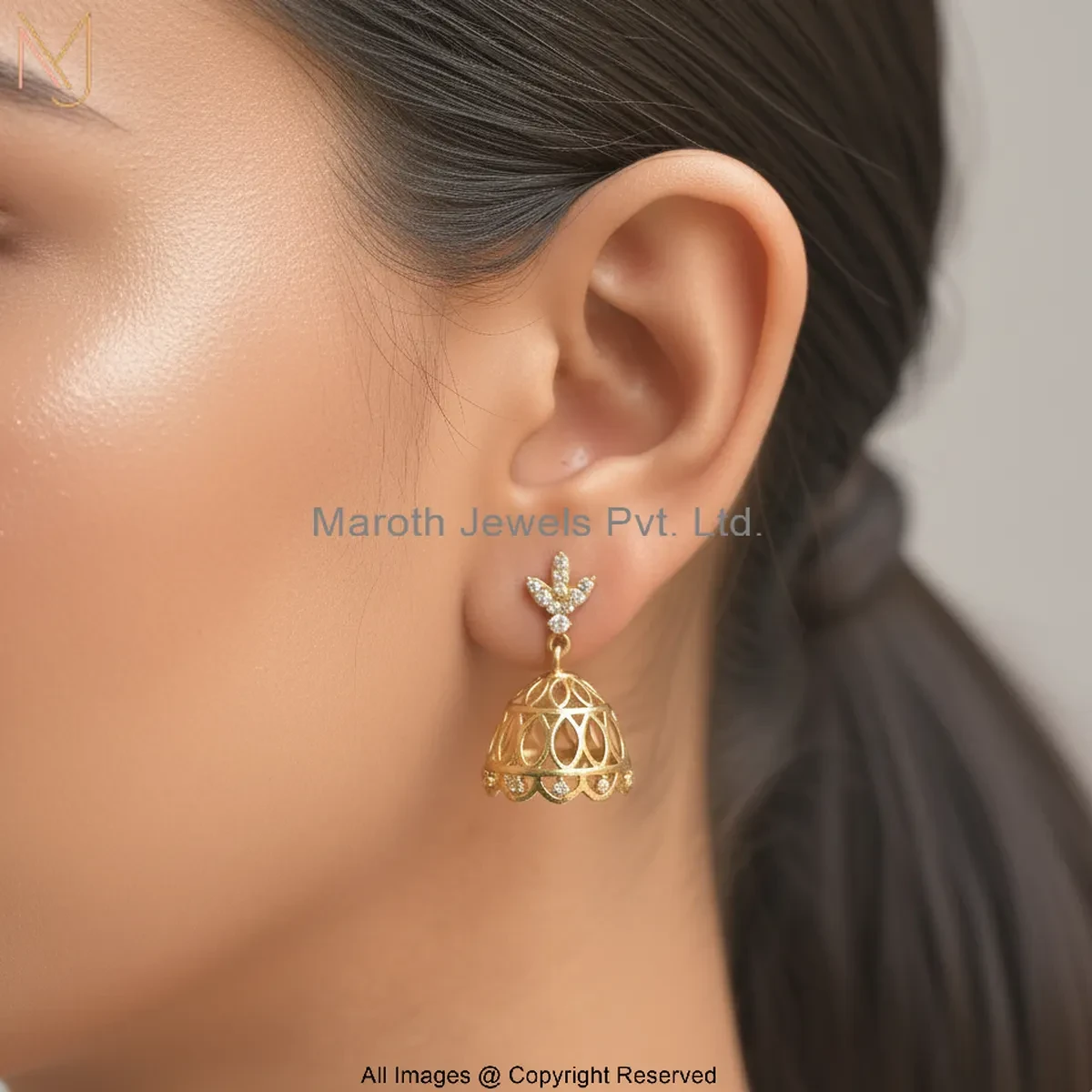 925 Silver Yellow Gold Plated Cubic Zircon Diamond Jhumka Earring Jewelry Supplier