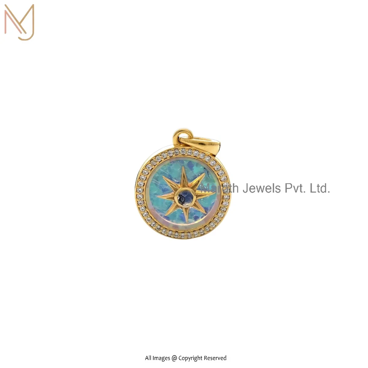 Wholesale 925 Silver Yellow Gold Plated Ethiopian Opal And Cubic Zircon Compass Pendant