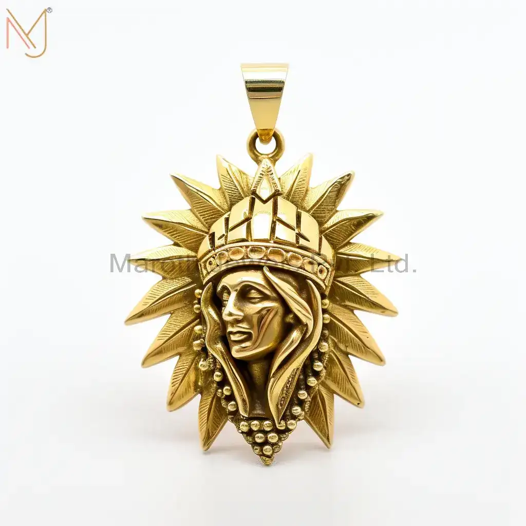 925 Sterling Silver Yellow Gold Plated Vintage Indian chief Head Pendant Jewelry Supplier