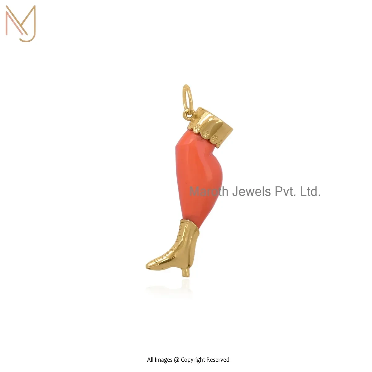 925 Silver Yellow Gold Plated Orange Coral Gemstone Leg Charm Pendant Jewelry Supplier