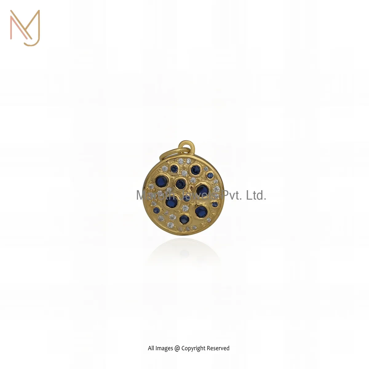 14K Yellow Gold Cubic Zircon & Blue Sapphire Disc Pendant Manufacturer