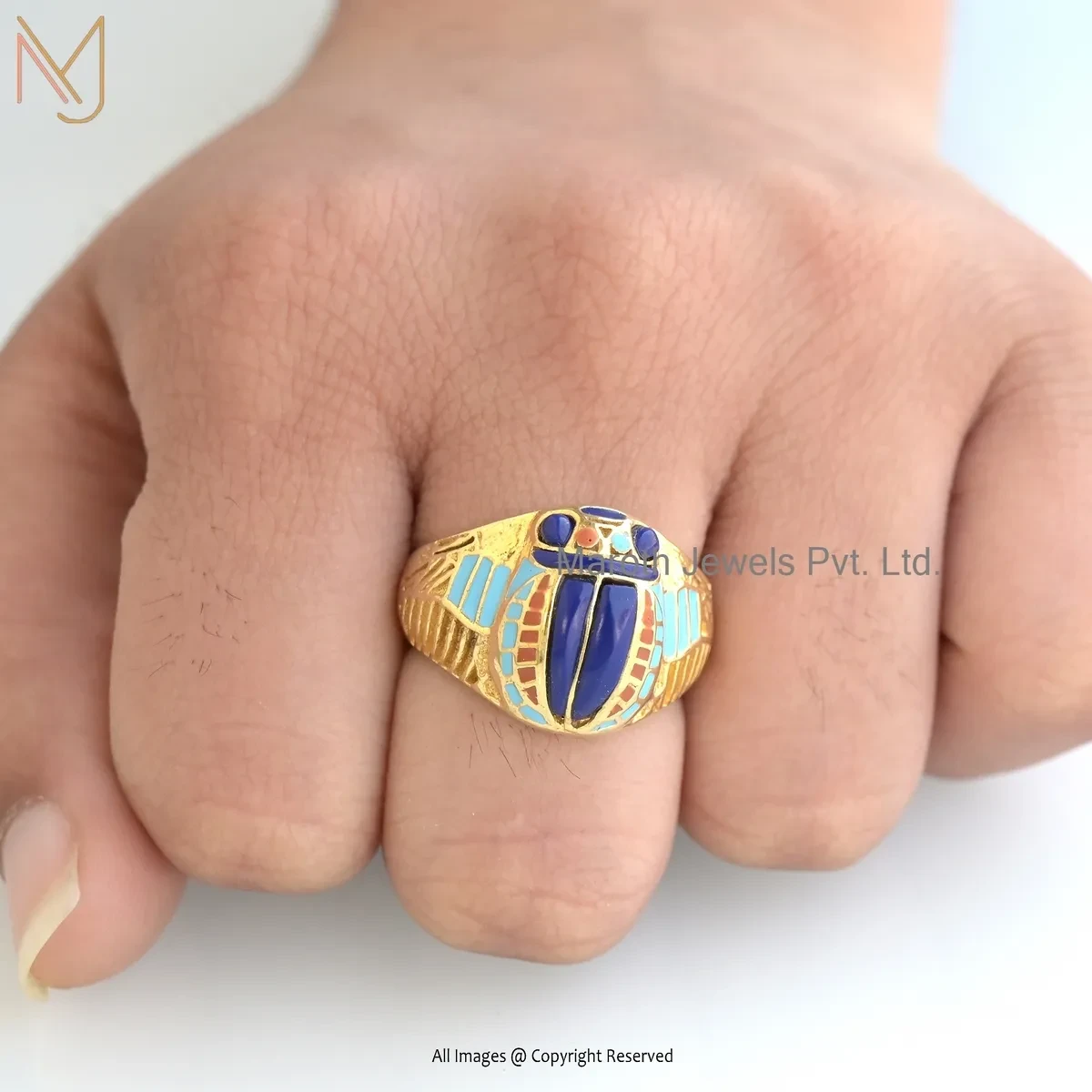 925 Silver Yellow Gold Plated Lapiz Lazuli And Multi Enamel Scarab Ring Manufacturer