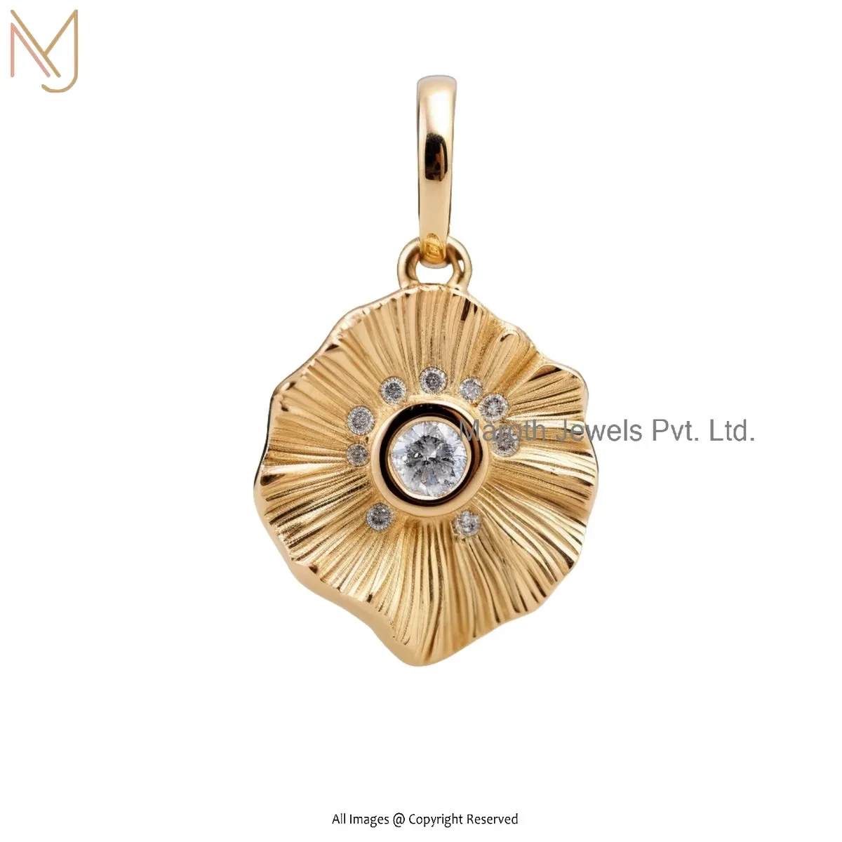 Private Lable 14K Yellow Gold Moissanite Diamond Fluted Flower Pendant