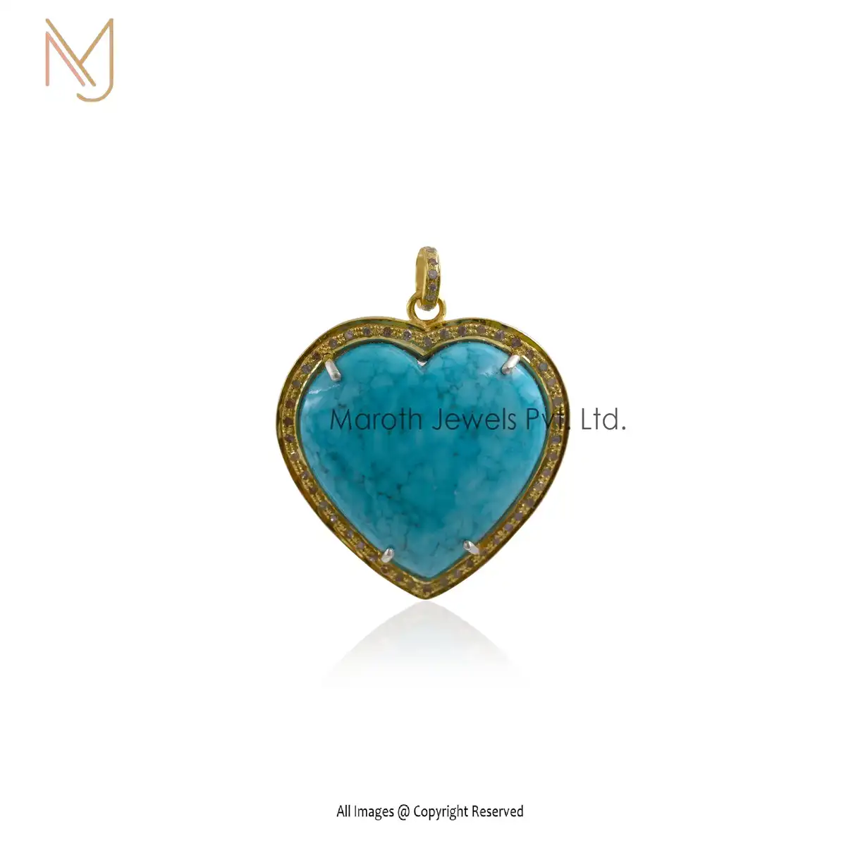 14K Soild Yellow Gold Diamond & Turquoise Heart Pendant Jewelry USA