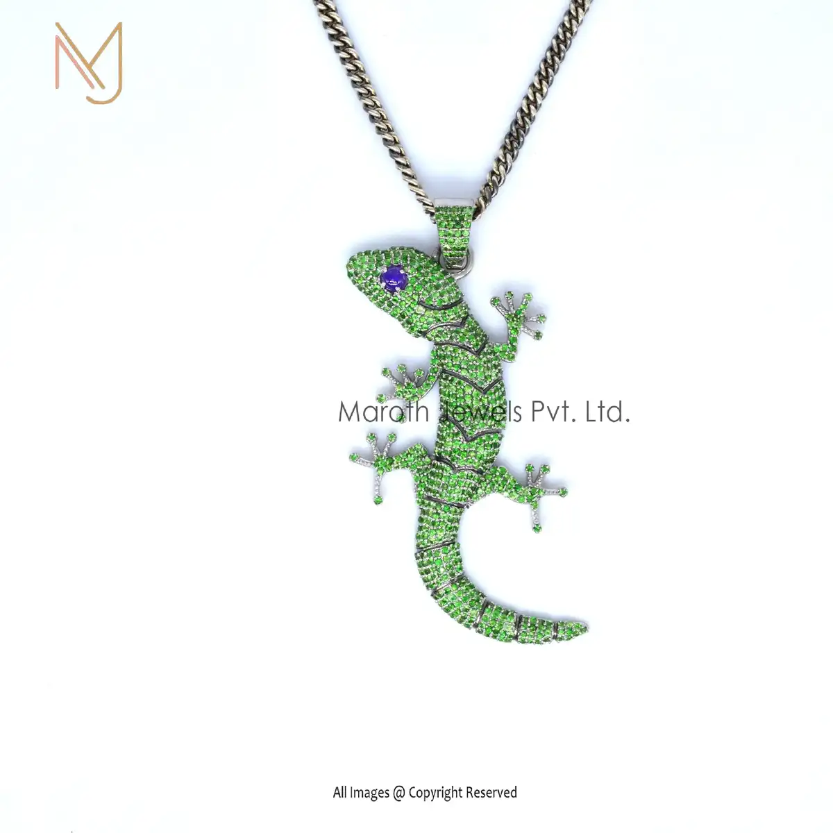 Wholesale 14K White Gold Tsavorite & Amethyst Antique Gecko Lizard Pendant Jewelry