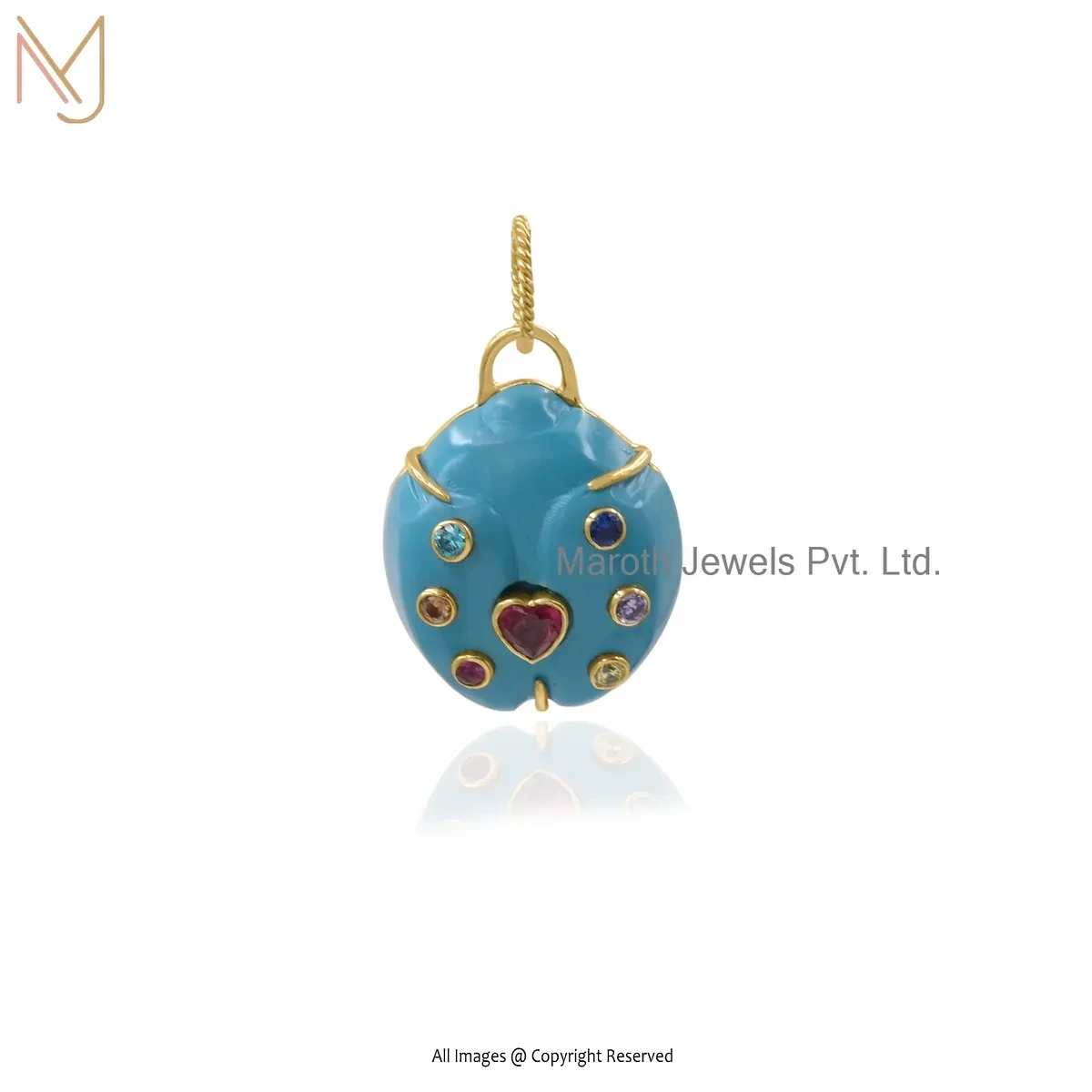 Wholesale 925 Silver Yellow Gold Plated Multi Cubic Zircon & Turquoise Ladybug Pendant