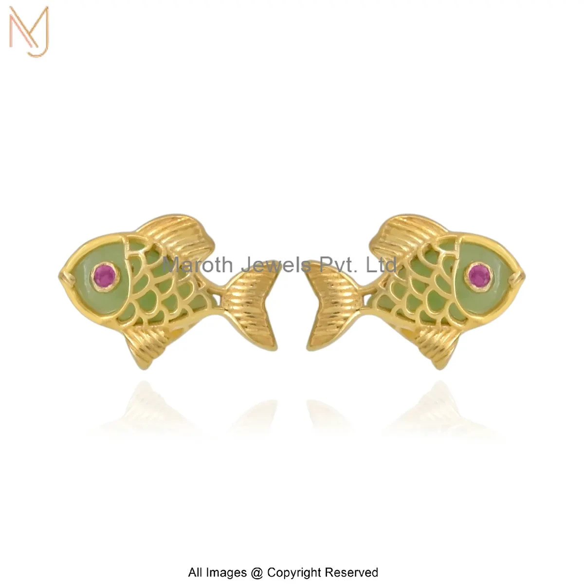 14K Yellow Gold Gemstone Fish Stud Earring Custom Jewelry