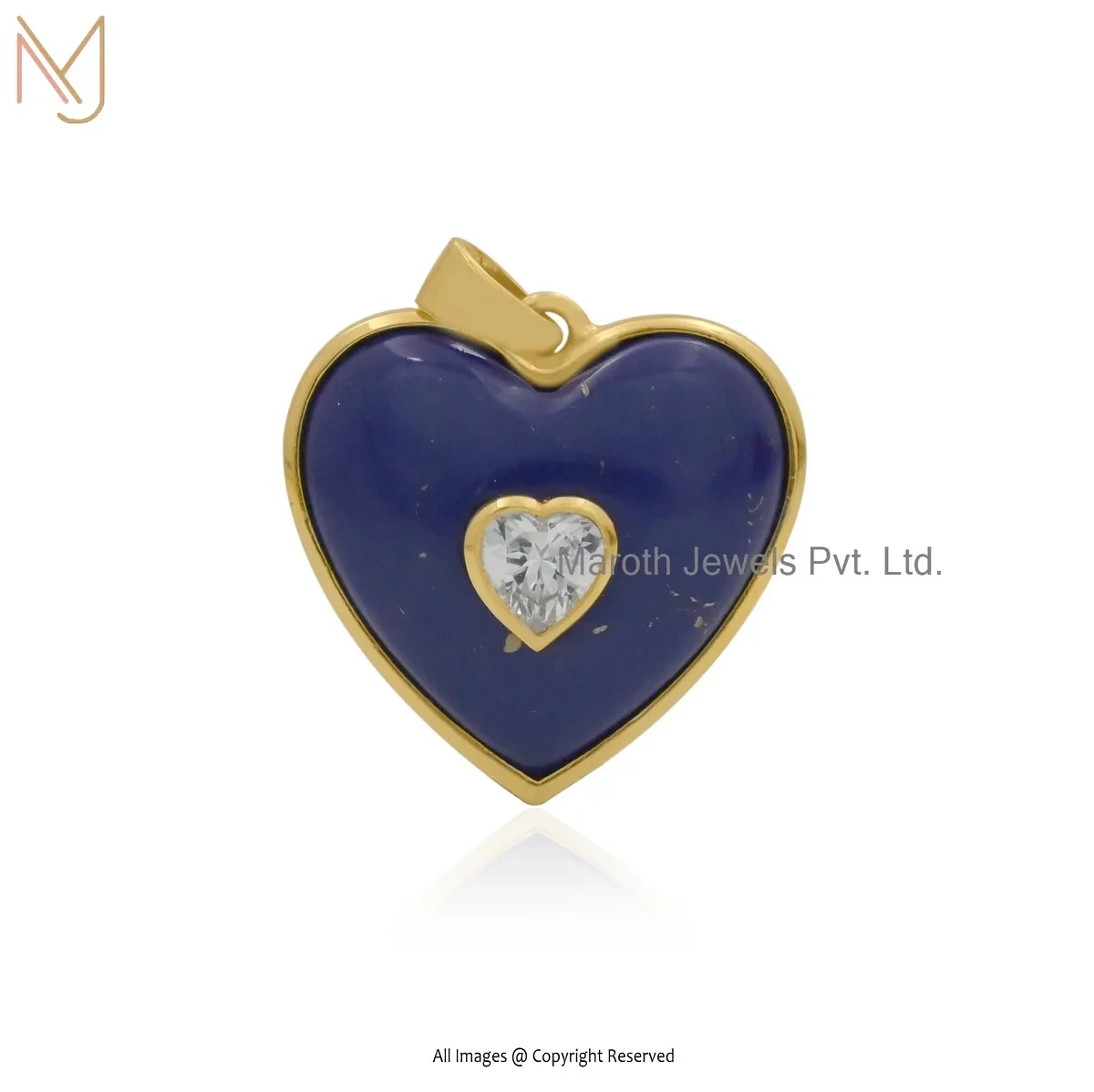 Wholesale 14K Yellow Gold Cubic Zircon & Lapiz Lazuli Heart Pendant